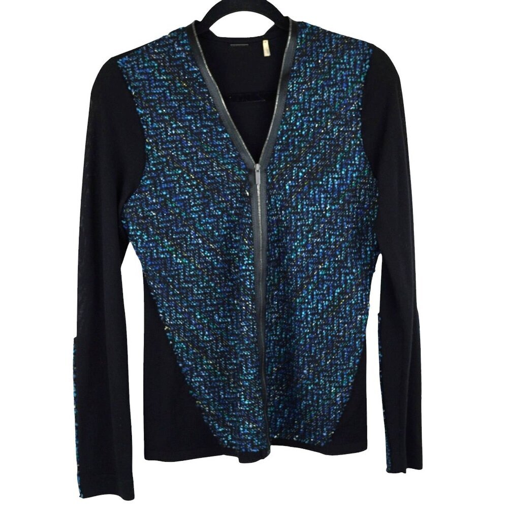 Elie Tahari Cardigan Sweater Zipper Black Blue‎ Tweed Boucle Wool Blend S